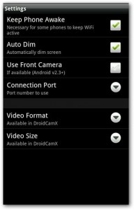 menu setting droidcam